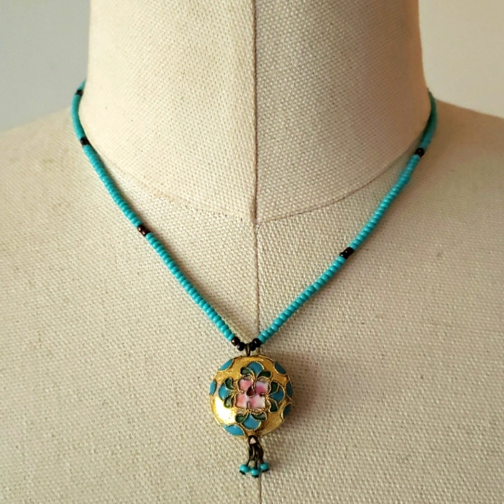Boho necklace blue seed beads, Broken